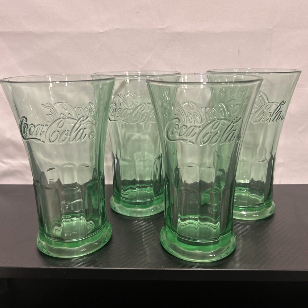 Coca-Cola Georgia Green Glass Set of 4 Embossed Logo Flared Soda Glasses